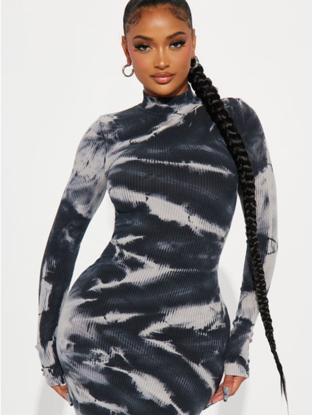 Fashion Nova Black & White Tie-Dye Ribbed Long Sleeve Dress